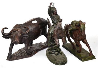 Lot 503 - Three resin bronzes, comprising racehorse and jockey, water buffalo and Indian on horse