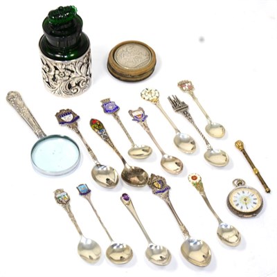 Lot 522 - Miscellaneous including twelve silver and white metal tourist spoons, two Victorian silver...