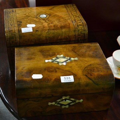 Lot 533 - A 19th century inlaid burr walnut vanity case, together with a mother of pearl inlaid walnut sewing