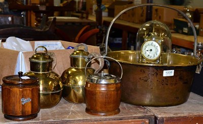 Lot 1008 - A brass jam pan, two oak tea caddies, anniversary clock etc