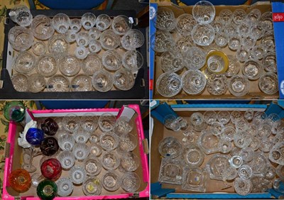 Lot 1014 - Four boxes of various drinking glasses including coloured hock glasses and cut and pressed examples