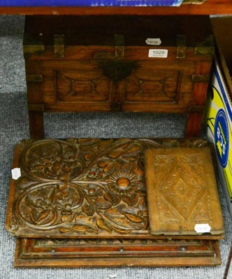 Lot 1029 - A 19th century rosewood panel depicting flowers; a 19th century rosewood chest with brass mounts; a