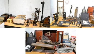 Lot 1038 - A collection of items including cobblers lasts, clock elements, drain rods, vintage radios,...