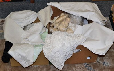 Lot 1046 - Assorted white linen, lace collar, lace mats, black maltese lace scarf, small quantity of...