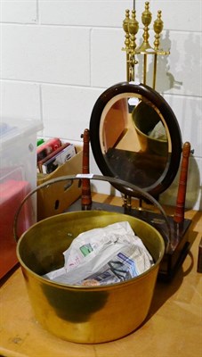 Lot 1052 - 19th century toilet mirror, brass jam pan and fire tools