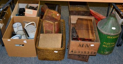 Lot 1056 - A collection of items including ceramics, glass, a pub sign, cobblers items, etc (19 boxes)