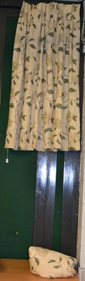 Lot 1065 - Pair of fully lined and interlined curtains,embroidered with silver/cream peony heads and teal...