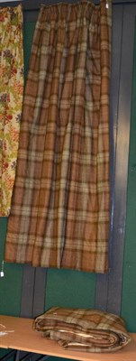 Lot 1066 - Pair of fully lined and interlined Sandeson Woodford Plaid style curtains, in brown, olive and...