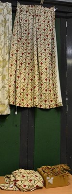 Lot 1068 - Pair of crewel work fully lined curtains, a repeat pattern of simplistic red tulips upon a...