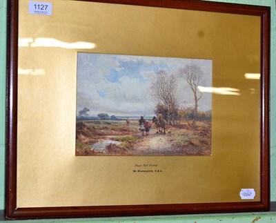 Lot 1127 - A watercolour depicting figures in a landscape, signed W. Manners, titled 'Day's toil Ended'