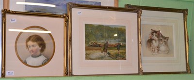 Lot 1143 - J Hoult (19th/20th century) Shoreline scene with boys and boats, signed, watercolour, together with