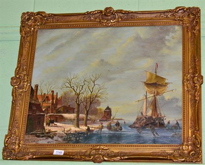 Lot 1148 - Gordon B Wright (20th century) ";Dutch Winter Skating Scene with Icebound Sailing Ship";,...