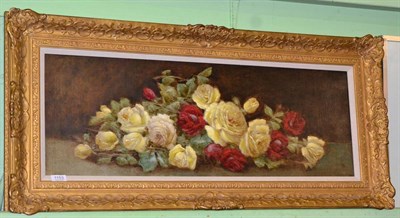 Lot 1153 - W B Preston (Exh.1923) Still life of yellow and red roses on a ledge, oil on canvas