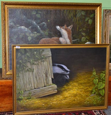 Lot 1159 - John Higginbotham  (20th century) Badger and cub at a gate, signed, oil on canvas; together...