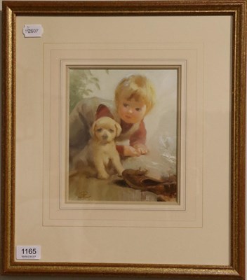 Lot 1165 - John Richard Townsend (1930 - 2013), Young boy with puppy, initialled, oil on canvas board, 20cm by