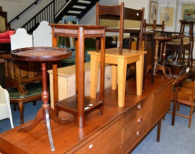 Lot 1197 - A group of furniture comprising; a two tier hanging shelf, a plant stand, smoker's stand, a...