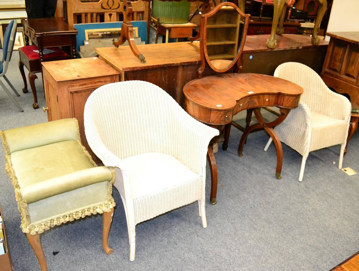 Lot 1201 - Two Lloyd Loom white painted wicker chairs, a reniform mahogany dressing table and a stool (4)