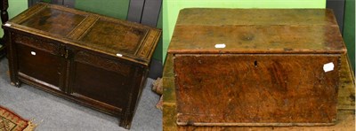 Lot 1242 - An 18th century oak two panelled coffer and an oak deed box of similar date