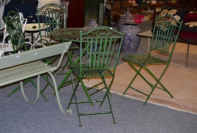 Lot 1348 - Green painted folding table and four chairs (5)