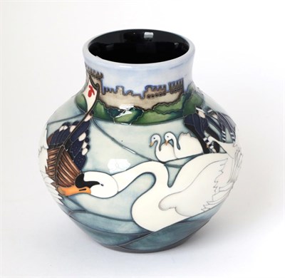Lot 19 - A Moorcroft pottery TRIAL vase in the Swan Upping pattern, with painted and impressed marks, 13.5cm