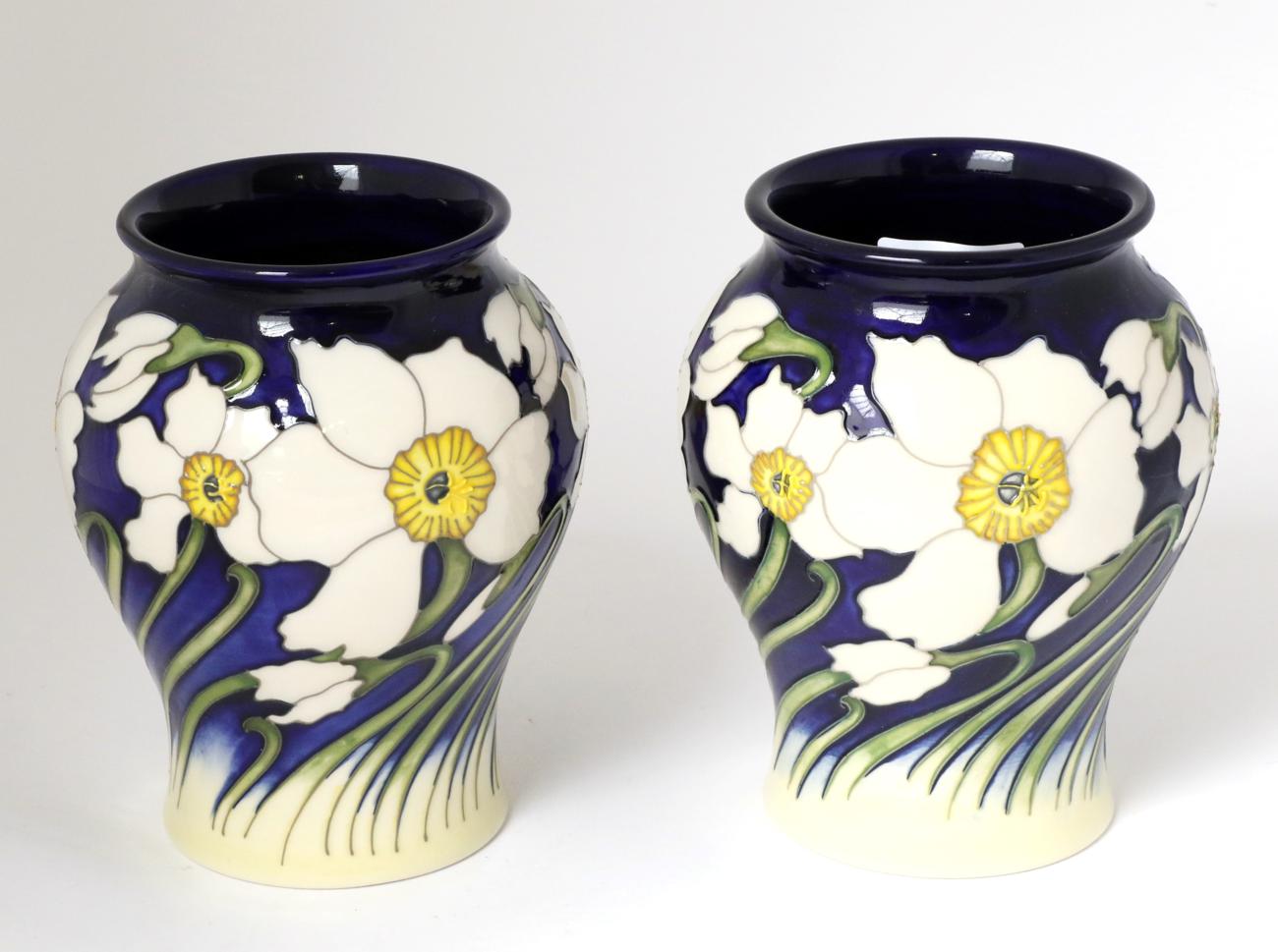 Lot 22 - A pair of Moorcroft pottery vases by Kerry Goodwin, 44/75 and 68/75, with painted and impressed...