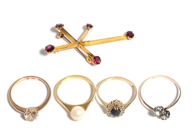 Lot 83 - A 9 carat gold cultured pearl ring, finger size O; a 9 carat gold sapphire and cubic zirconia...