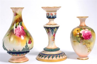 Lot 99 - Two Royal Worcester floral painted blush ivory vases together with a Royal Worcester Hadley...