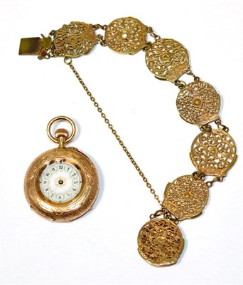 Lot 102 - A lady's fob watch, case stamped 'K14', with an enamelled Arabic dial, and a gilt brass pocket...