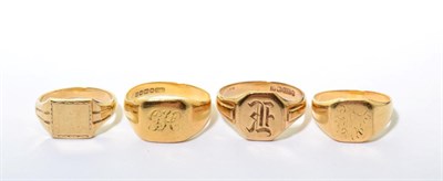 Lot 108 - An 18 carat gold signet ring, finger size O; two 9 carat gold signet rings, finger size P and...