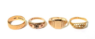 Lot 116 - An 18 carat gold band ring, finger size Q; a 9 carat gold signet ring, finger size R1/2; a 9...
