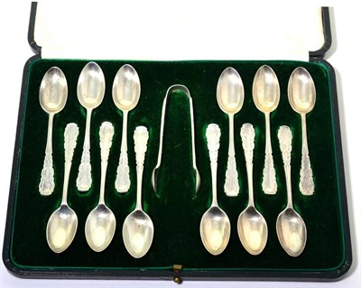 Lot 129 - A set of twelve silver coffee spoons and tongs, Mappin & Webb, London, 1921, in a fitted case