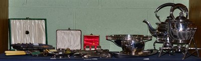 Lot 145 - A set of six silver seal top teaspoons with matching tongs; a silver inkwell (a.f.); two...