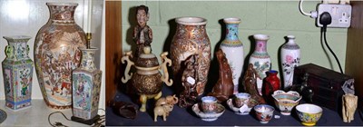 Lot 156 - A group of Oriental items including a large Satsuma vase, a small Satsuma vase, a famille rose...