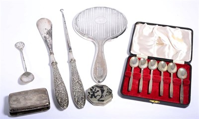 Lot 180 - A cased set of six silver teaspoons; a silver handled button hook; a hand mirror; a compact; a...