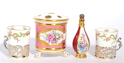 Lot 188 - A floral painted porcelain pot pourri signed Nowaci for Asprey, together with a silver gilt mounted