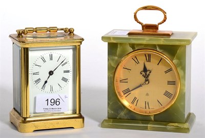 Lot 196 - A brass carriage timepiece and a green onyx mantle timepiece (2)