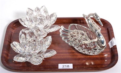 Lot 218 - A silver mounted cut glass model of a swan with import marks and a pair of Swarovski blossom...