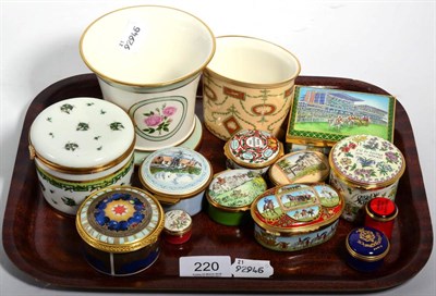 Lot 220 - Seven Halcyon Days enamel trinket boxes, two Halcyon Days miniature vases, three other enamel...