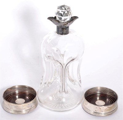 Lot 225 - Two modern silver bottle coasters and a silver mounted decanter