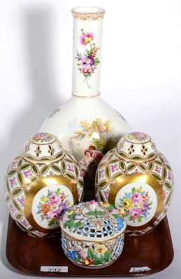 Lot 232 - Dresden floral painted porcelain comprising a bottle vase, a pair of jars and covers and a...