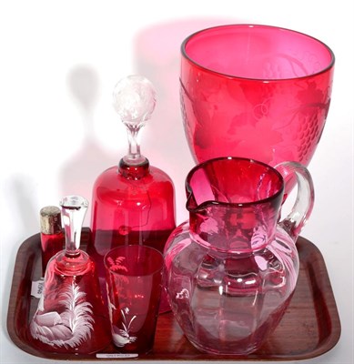 Lot 248 - A small group of Victorian and later cranberry glass including a Mary Gregory style beaker and bell