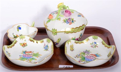 Lot 249 - Herend porcelain; a pair of dishes, pickle dish and a leaf form floral encrusted covered box