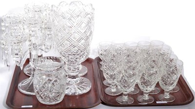 Lot 250 - A Waterford glass vase; a pair of glass three light candelabra; lustres etc (two trays)