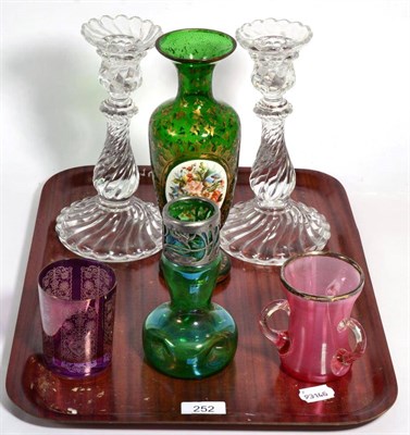 Lot 252 - A group of Victorian and later glass including a pair of Baccarat candlesticks etc