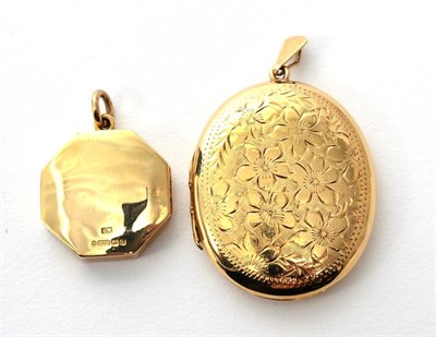 Lot 267 - A 9 carat gold octagonal locket pendant, measures 2.5cm in diameter and a 9 carat gold floral...