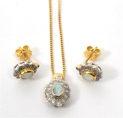 Lot 268 - An 18 carat gold opal and diamond necklace and earring suite, an oval cabochon opal in a rubbed...