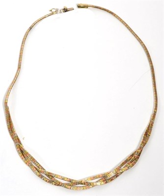 Lot 283 - A tri-colour necklace, the front with three textured woven strands, length 39cm