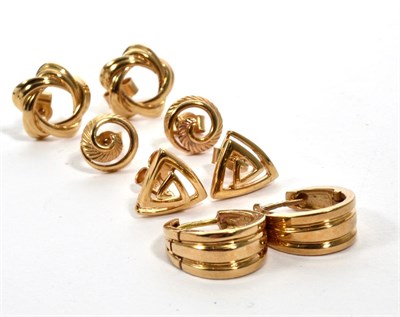 Lot 290 - Four pairs of 9 carat gold earrings, comprising a pair of hoop earrings and three pairs of stud...