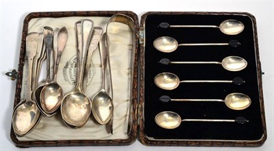 Lot 305 - A cased set of silver coffee bean spoons; a set of six Newcastle silver teaspoons; other...