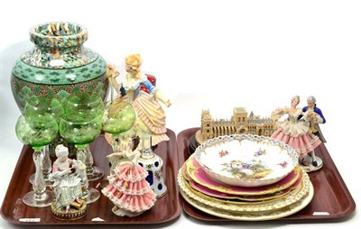 Lot 312 - A Continental vase, flash glass bell, hock glasses, decorative plates, etc (two trays)